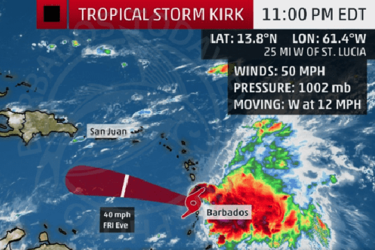 Тропската бура Кирк се приближува до Барбадос и Света Луција
