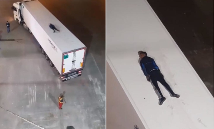 Мигрант легнал на покривот на камион и мислел дека никој не го гледа: Сакаше да влезе на брод, сите му се смеат (ВИДЕО)