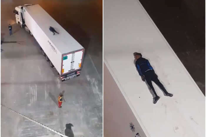 Мигрант легнал на покривот на камион и мислел дека никој не го гледа, а тоа што следувало потоа ќе ве остави во неверување (ВИДЕО)