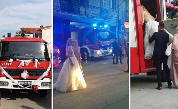 Се слушнаа сирени, а наместо пожарникари дојдоа сватови: Со противпожарно возило дојде по невестата (ВИДЕО)