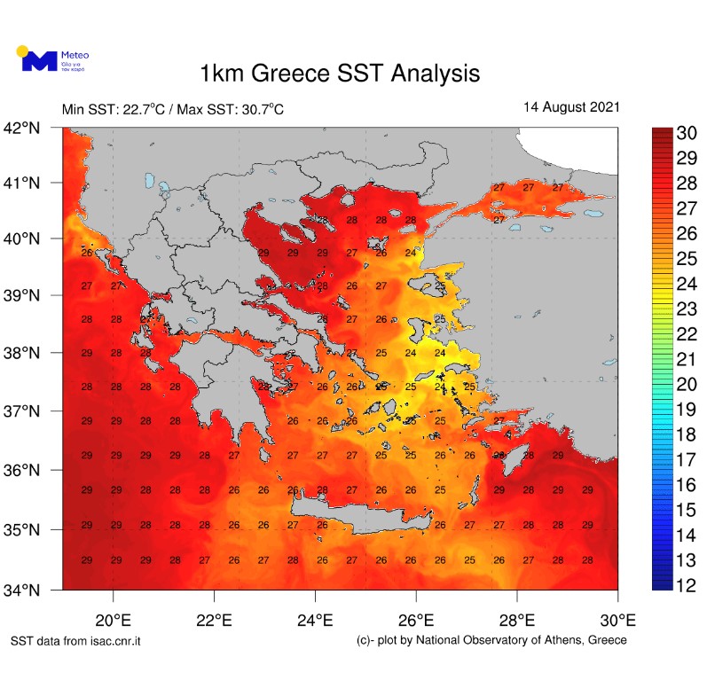 Високи температури на површината на морињата во Грција