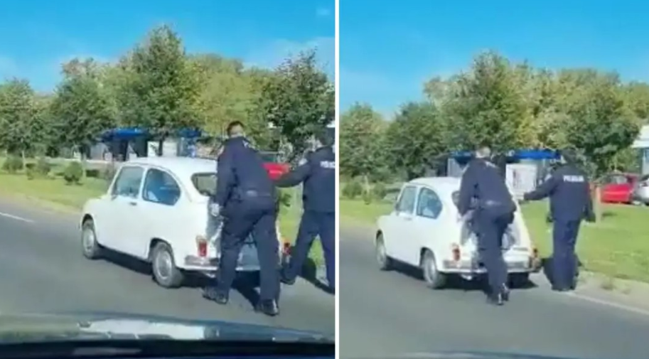 Хит видео го обиколи регионот: Полицајци буткаат фиќо кое го вози баба и останало без бензин