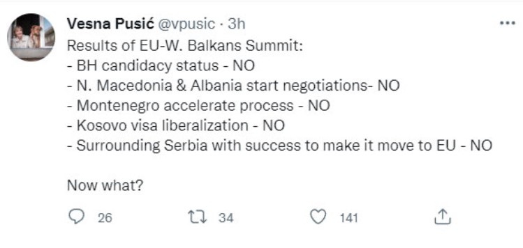 Пусиќ: На Самитот ЕУ-Западен Балкан не е исполнето ниту едно очекување од регионот