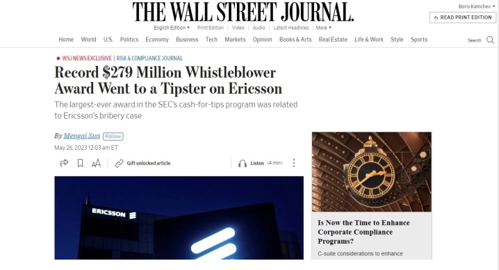 Волстрит журнал: СЕК исплати рекордни 279 милиони долари награда на поткажувач за случајот со поткупите на компанијата „Ериксон“
