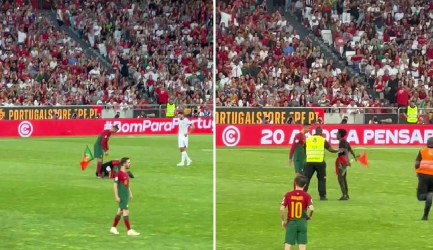 КРИСТИЈАНО РОНАЛДО ОД ШОК НЕ МОЖЕШЕ ДА РЕАГИРА: Навивач влета на теренот и го зграпчи Португалецот!