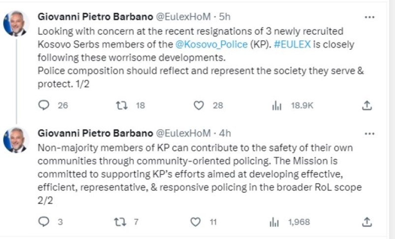 ЕУЛЕКС е загрижен поради оставката на тројца полицајци од редовите на српската заедница на северот на Косово